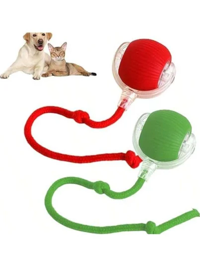 赤と緑のひも付き自動ボール型犬用知育玩具