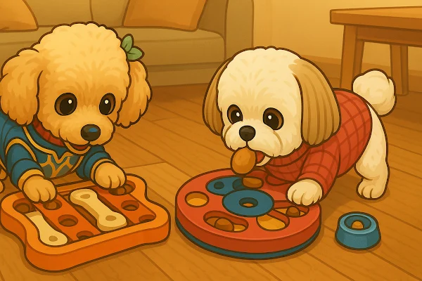 室内で知育おもちゃに夢中になる2匹のかわいい犬たち（イラスト）