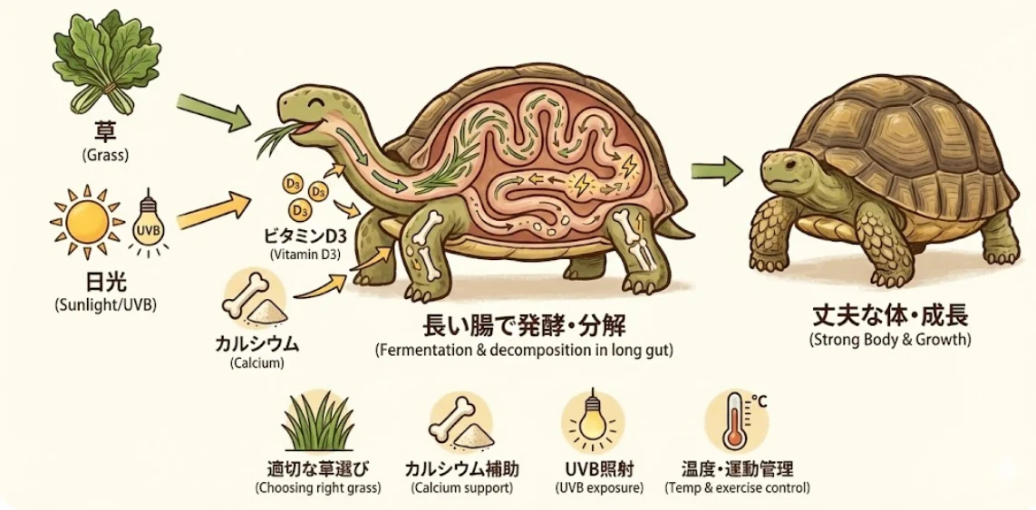 草と日光、カルシウムを取り入れたリクガメが、長い腸で発酵・分解しながら栄養を吸収し、丈夫な体へ成長していく仕組みを示した図解イラスト