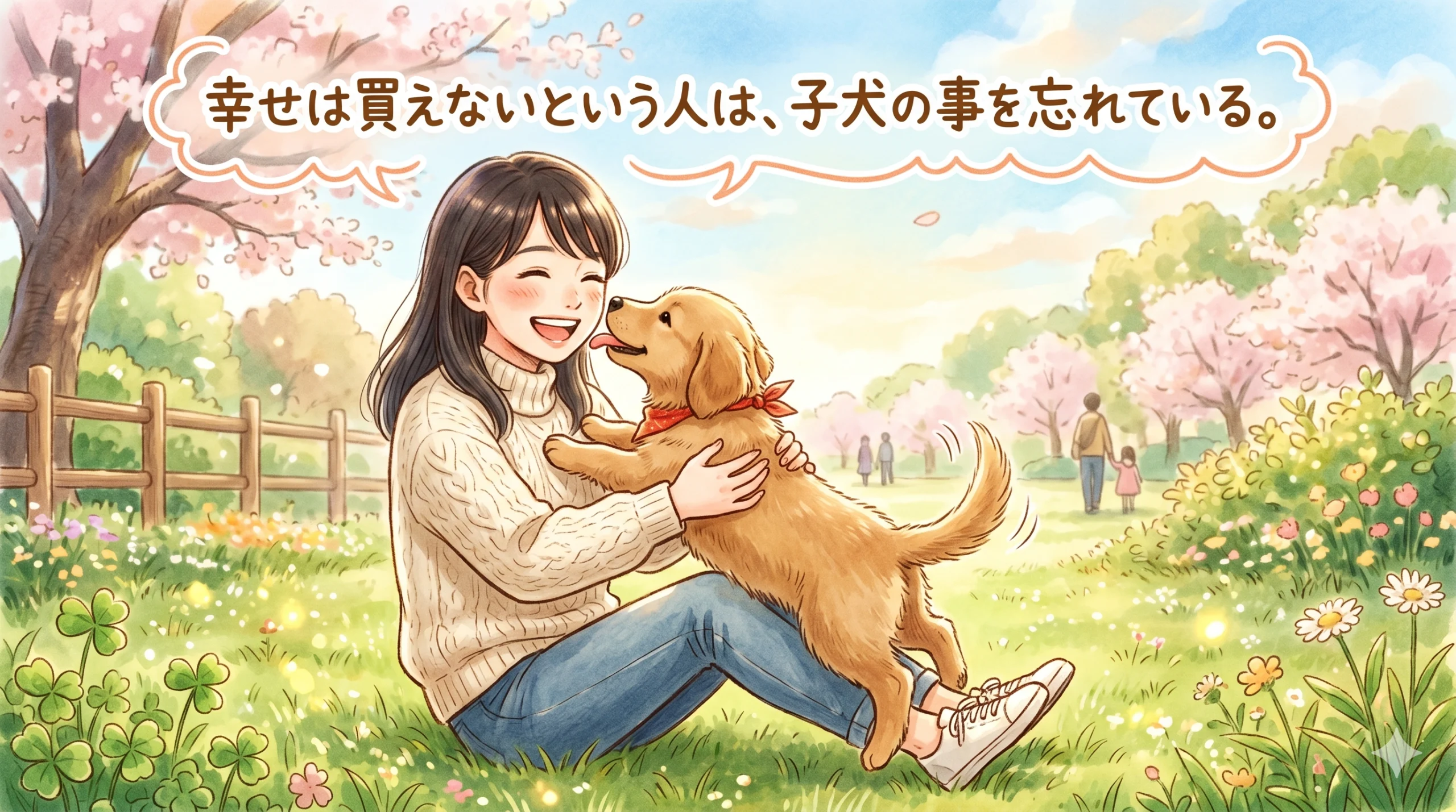 桜の下で子犬を抱きしめて笑う飼い主の女性 - 幸せは買えないという人は子犬を忘れている名言