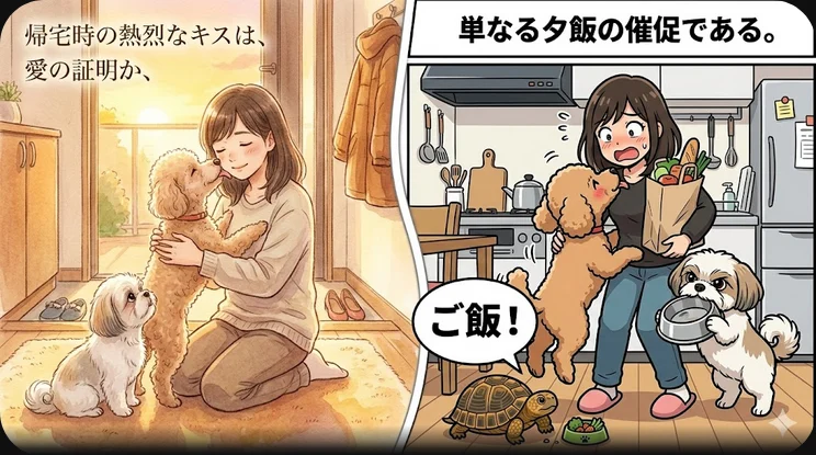 飼い主に熱烈なキスをする犬と夕飯の催促をする犬の2コマイラスト - 愛情表現の正体名言