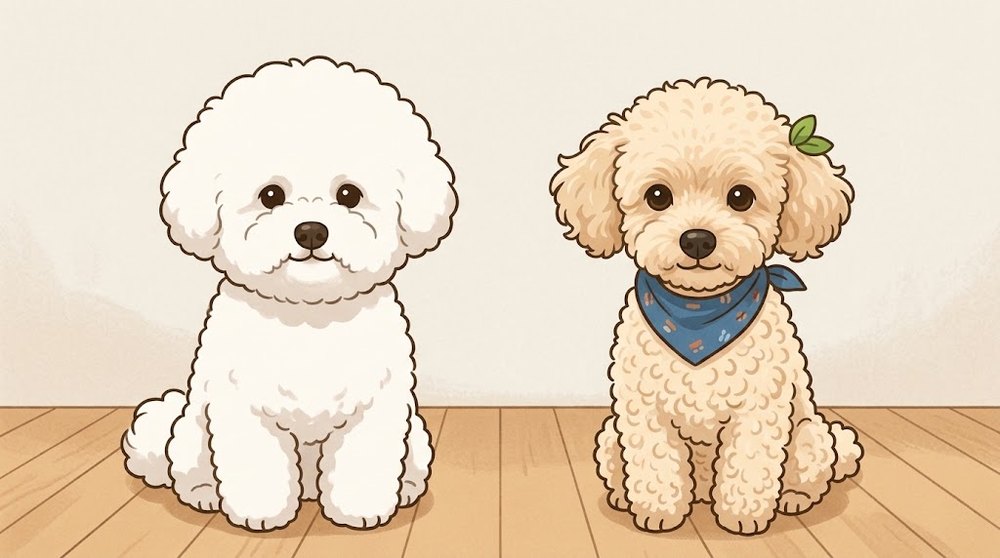 ビションフリーゼのふんわりした巻き毛とトイプードルのレオの巻き毛を並べて比べたイラスト