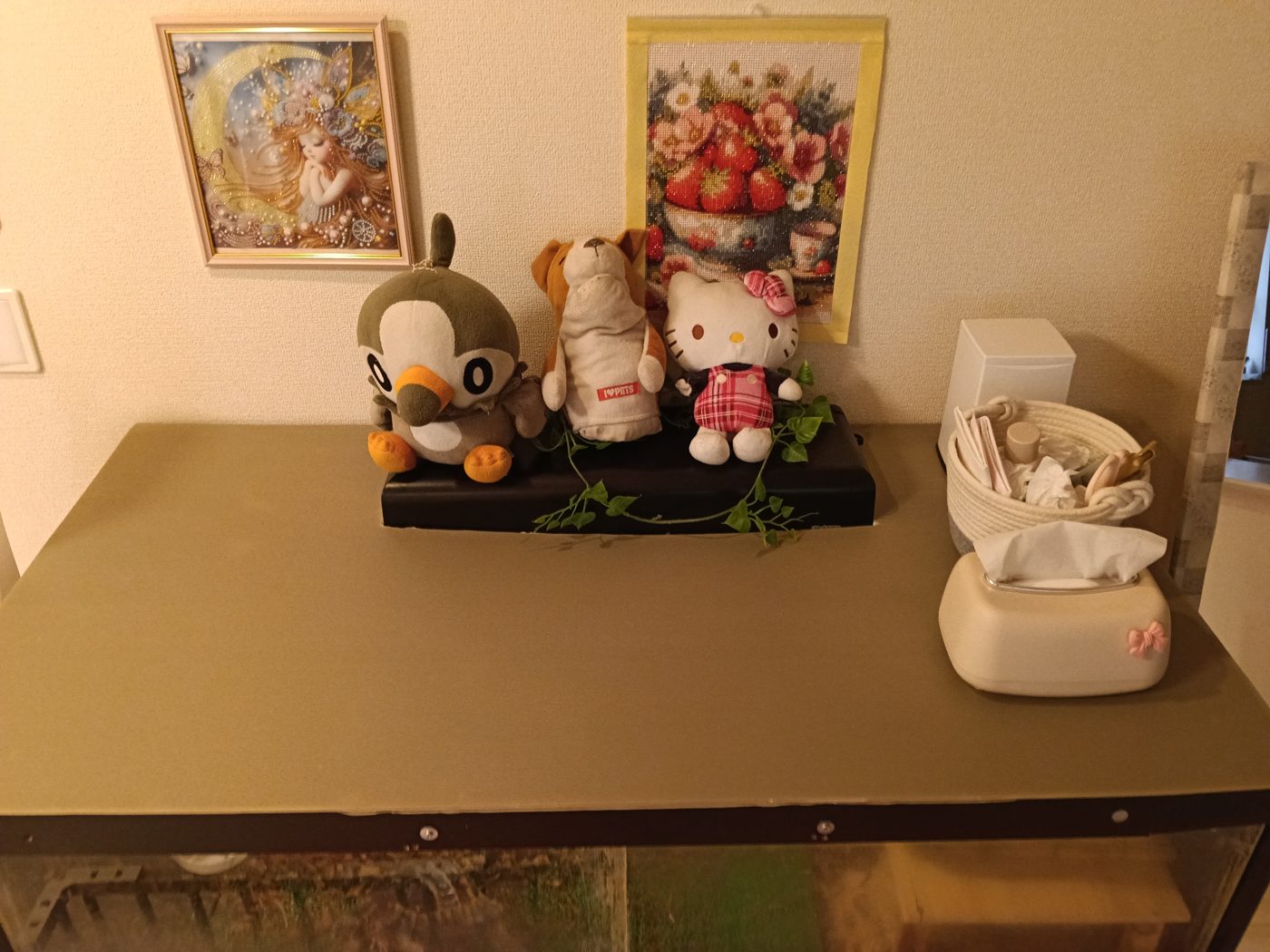 手作りリクガメケージの天板を棚として使い、ぬいぐるみとティッシュケースを並べた様子 - ケージ上のスペース活用