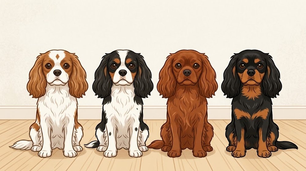キャバリアの4つの毛色、ブレンハイム・トライカラー・ルビー・ブラック&タンを並べて比べたイラスト