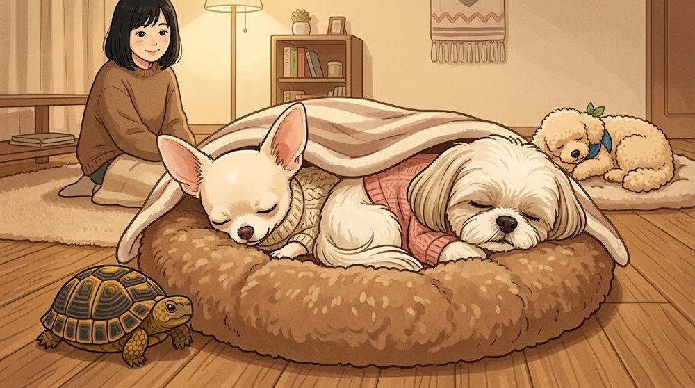 服を着て毛布にくるまって眠るチワワと、寄り添って眠るシーズーのあんずのイラスト
