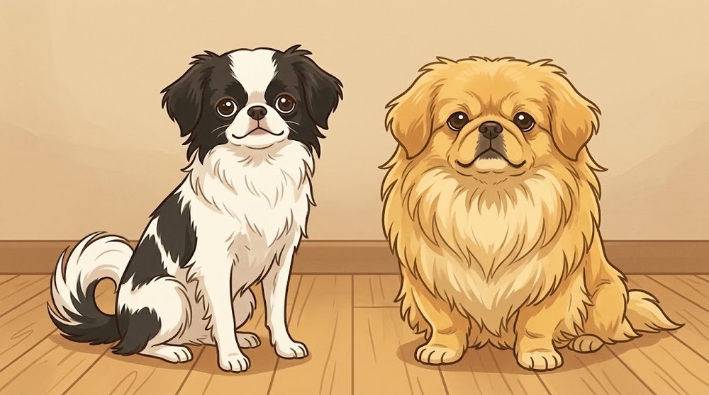 脚が細く軽やかな狆と、たてがみがありどっしりしたペキニーズを並べて比べたイラスト