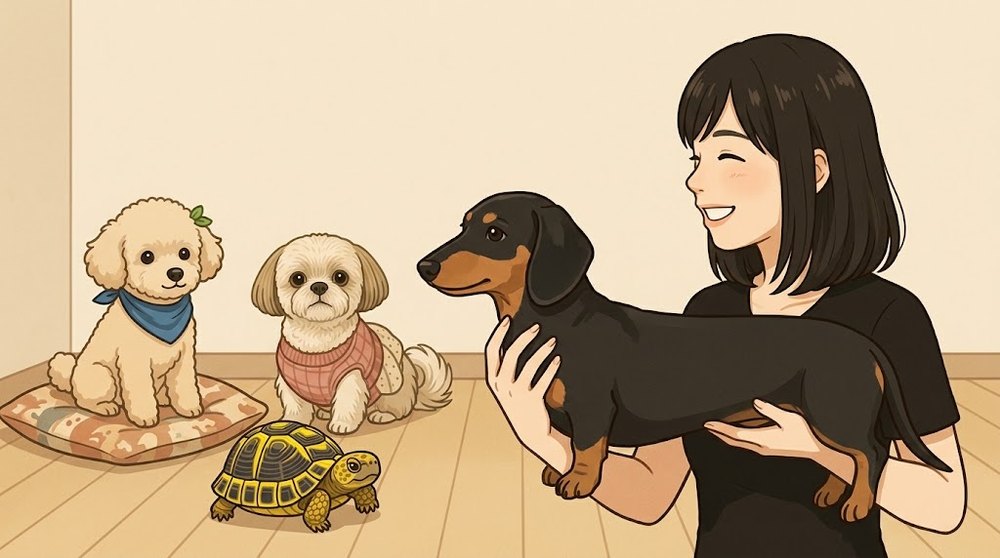 ミニチュアダックスの胸とおしりを両手で支え、背中を水平にして抱っこしている飼い主のイラスト