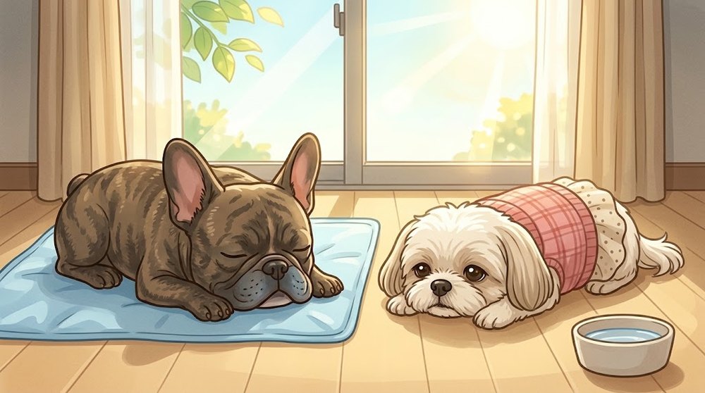 暑い日に涼しい室内の床で冷却マットの上に寝そべるフレンチブルドッグとシーズーのあんずのイラスト