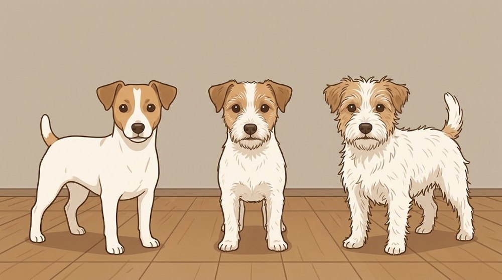スムース・ブロークン・ラフの3つの被毛タイプのジャック・ラッセル・テリアを並べて比べたイラスト