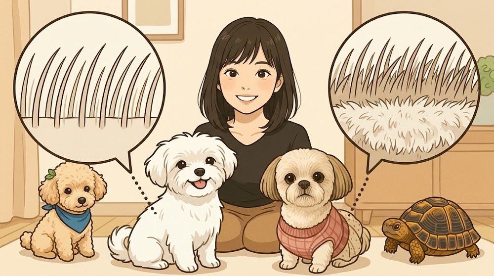 マルチーズとシーズーの被毛の層の違いを示したイラスト - マルチーズは下毛のないシングルコート、シーズーは下毛のあるダブルコート