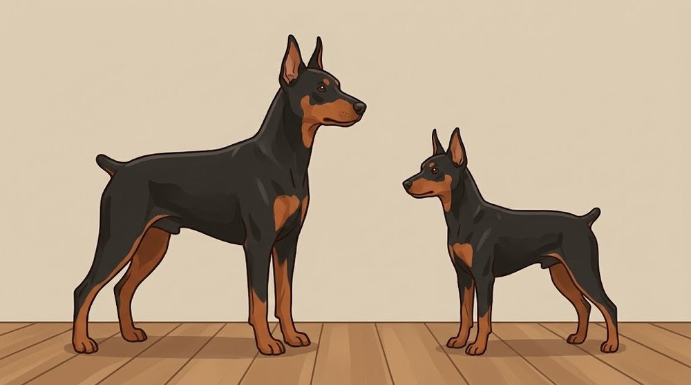 中型犬のジャーマン・ピンシャーと、それを小さくした姿のミニチュア・ピンシャーを並べたイラスト