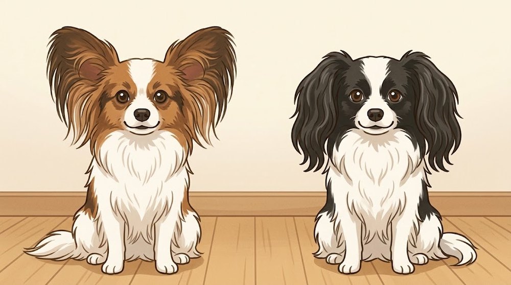蝶の羽のような立ち耳のパピヨンと、垂れ耳のファーレンを並べて耳の形の違いを比べたイラスト