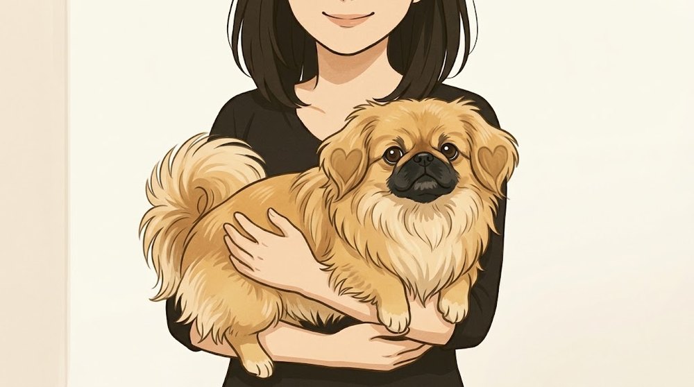 小さなペキニーズを両手で抱き上げ、骨太でずっしりした体の重さが伝わるイラスト