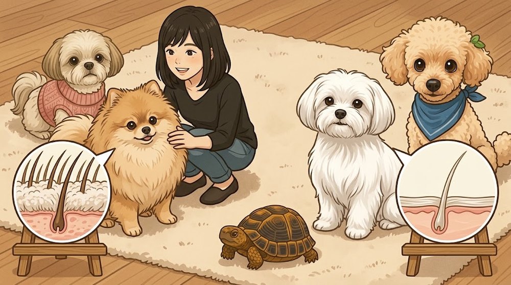 ポメラニアンのダブルコートとマルチーズのシングルコートの毛の構造の違いを比べたイラスト