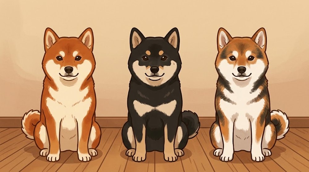 柴犬の毛色、赤・黒褐色・胡麻を並べ、どの毛色にもある裏白の白い部分を比べたイラスト