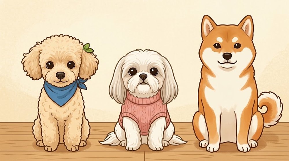 トイプードルのレオ、シーズーのあんず、柴犬の体格の違いを並べて比べたイラスト