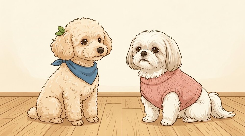 トイプードルのレオとシーズーのあんずを並べ、鼻の長さと被毛の違いを比べたイラスト