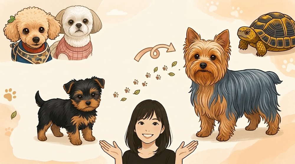 ヨークシャーテリアの毛色が子犬のブラック&タンから成犬のスチールブルー&タンへ変わる様子を示したイラスト