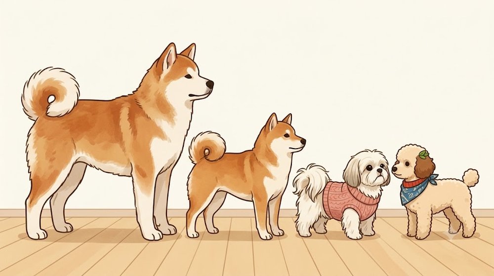 赤毛の秋田犬と赤毛の柴犬、シーズーのあんず、トイプードルのレオを同じ床に並べて大きさを比べたイラスト
