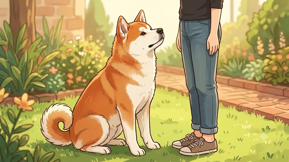 赤毛で裏白の秋田犬が、飼い主の横で落ち着いて座り、飼い主を見上げているイラスト