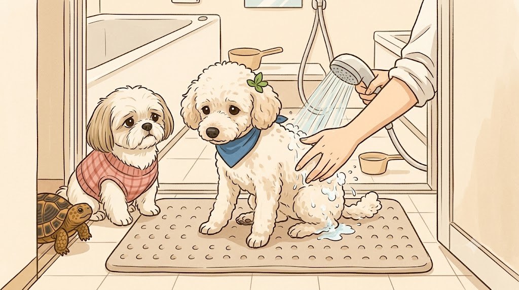 滑らないマットの上で体を支えられながら洗われる老犬のトイプードル
