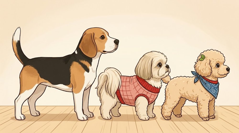 ビーグルと、シーズーのあんず、トイプードルのレオを同じ床に並べて大きさを比べたイラスト
