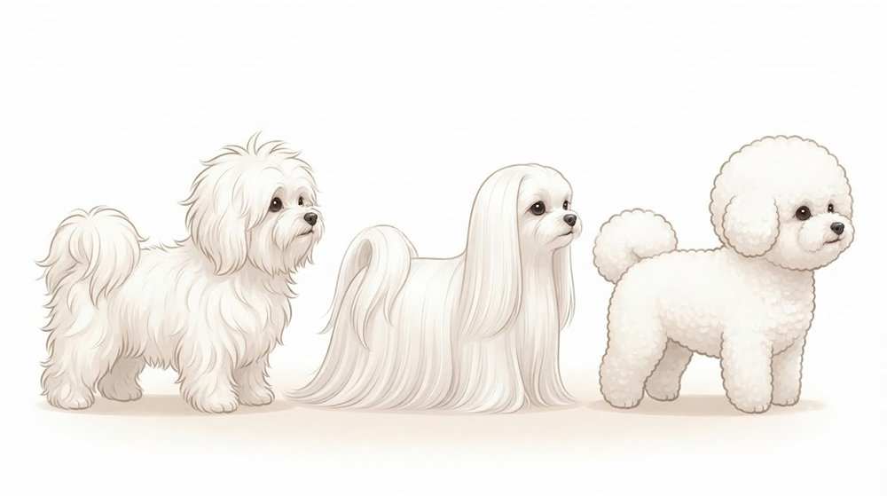 白い小型犬のボロニーズ、マルチーズ、ビション・フリーゼを並べて被毛の違いを比べたイラスト