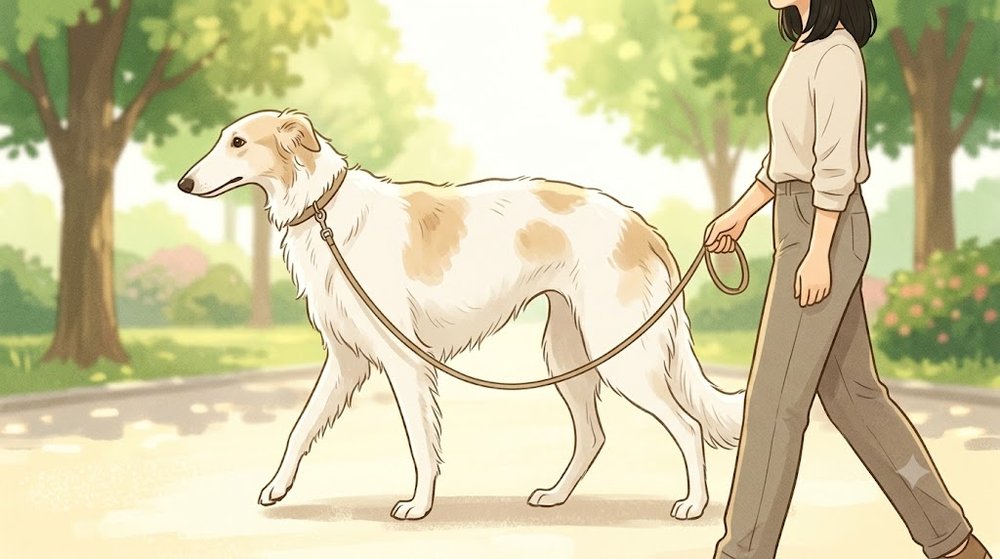 ボルゾイが飼い主の横で落ち着いて歩き、リードがゆるんでいるイラスト