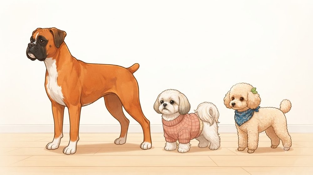 ボクサーと、シーズーのあんず、トイプードルのレオを同じ床に並べて大きさを比べたイラスト