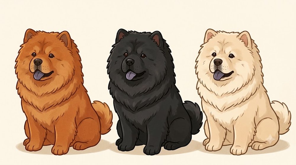 赤茶色、黒、クリーム色の3つの毛色のチャウ・チャウを並べたイラスト