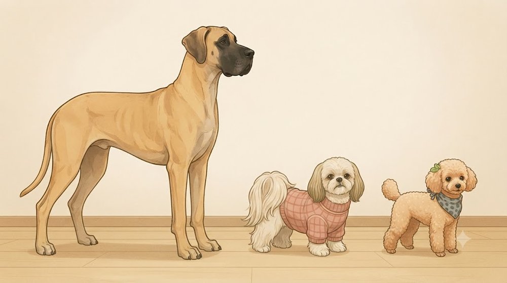 グレート・デーンと、シーズーのあんず、トイプードルのレオを同じ床に並べて大きさを比べたイラスト