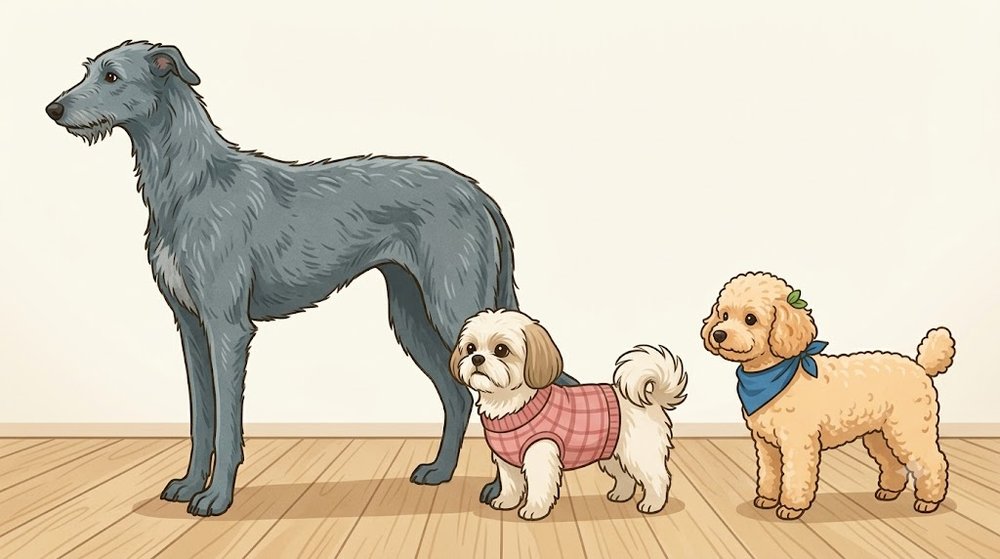 ディアハウンドと、シーズーのあんず、トイプードルのレオを同じ床に並べて大きさを比べたイラスト