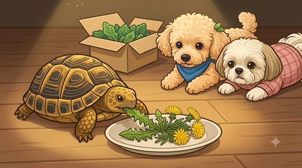ヘルマンリクガメが季節の葉っぱを食べるイラスト - リクガメ用のふるさと納税の返礼品