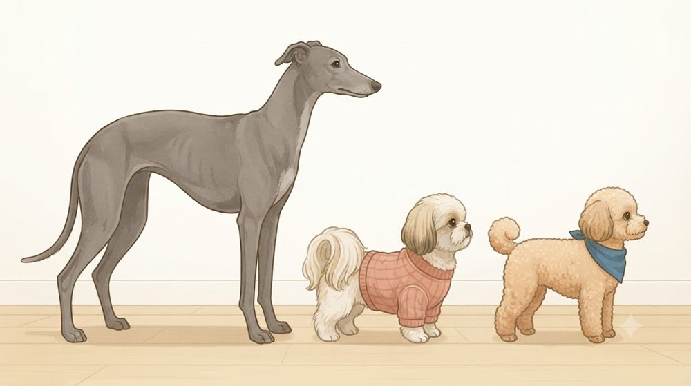 グレーハウンドと、シーズーのあんず、トイプードルのレオを同じ床に並べて大きさを比べたイラスト