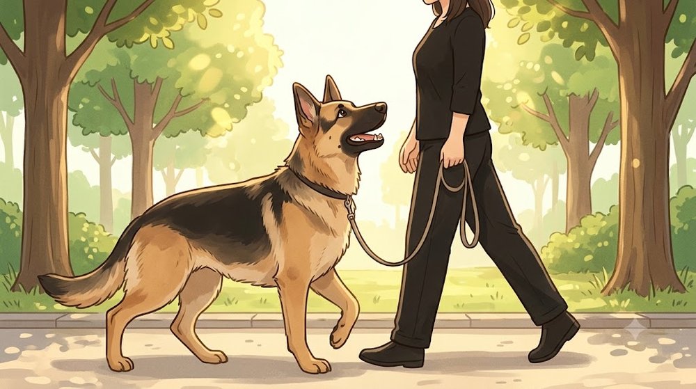 ジャーマン・シェパード・ドッグが飼い主の左側にぴったりついて、顔を見上げながら歩いているイラスト