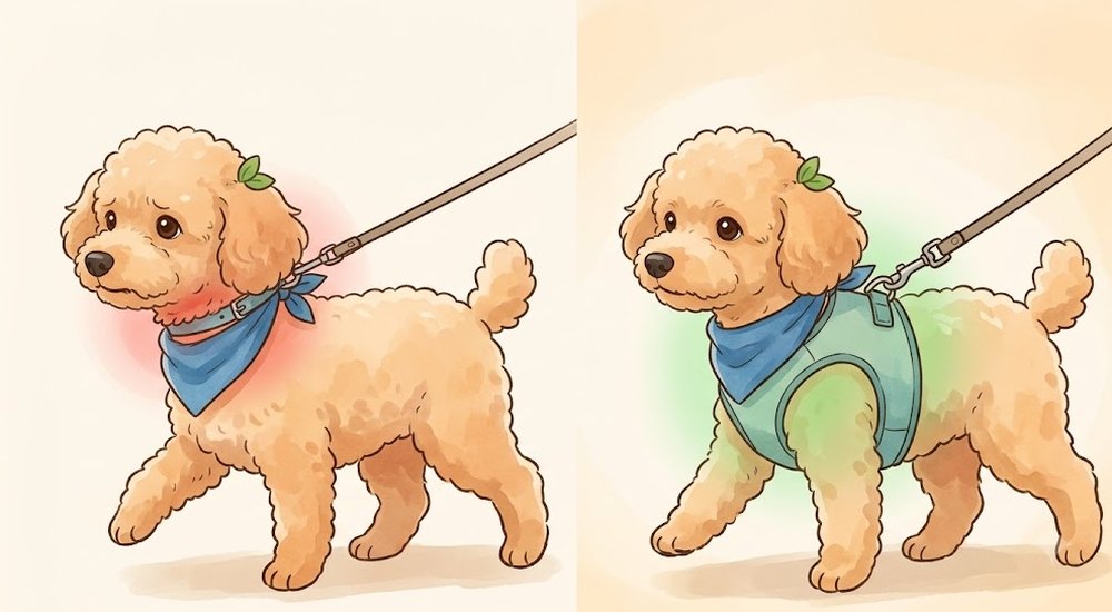 首輪で引くとのどに力が集まり、ハーネスでは胸と肩に力が分かれるトイプードルのイラスト