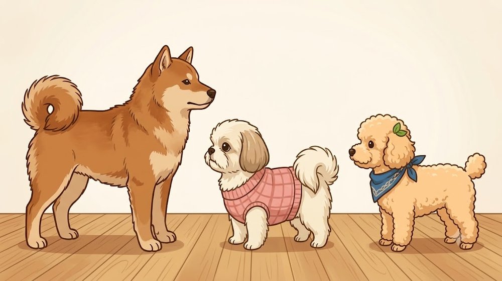 北海道犬と、シーズーのあんず、トイプードルのレオを同じ床に並べて大きさを比べたイラスト
