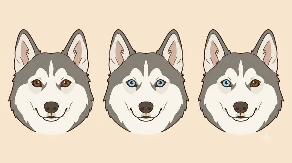 茶色の目、青い目、左右で色の違う目のシベリアン・ハスキー3匹の顔を並べたイラスト