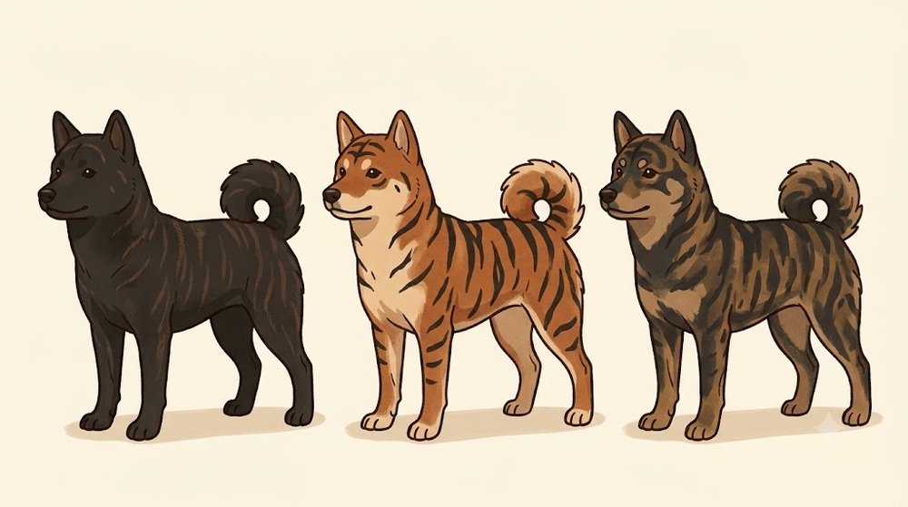 黒虎、赤虎、虎の3種類の毛色の甲斐犬を並べて比べたイラスト