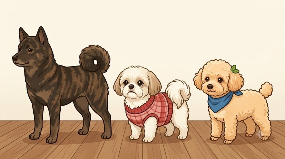 甲斐犬と、シーズーのあんず、トイプードルのレオを同じ床に並べて大きさを比べたイラスト