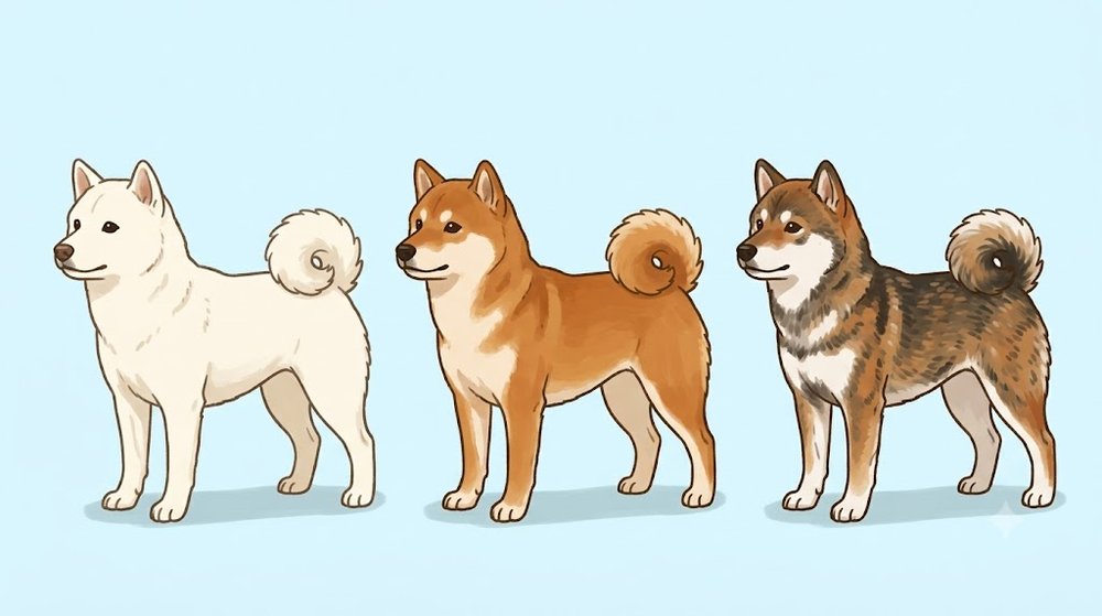 白、赤、胡麻の3つの毛色の紀州犬を横に並べたイラスト