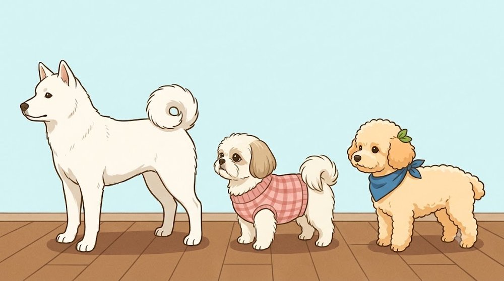 紀州犬と、シーズーのあんず、トイプードルのレオを同じ床に並べて大きさを比べたイラスト