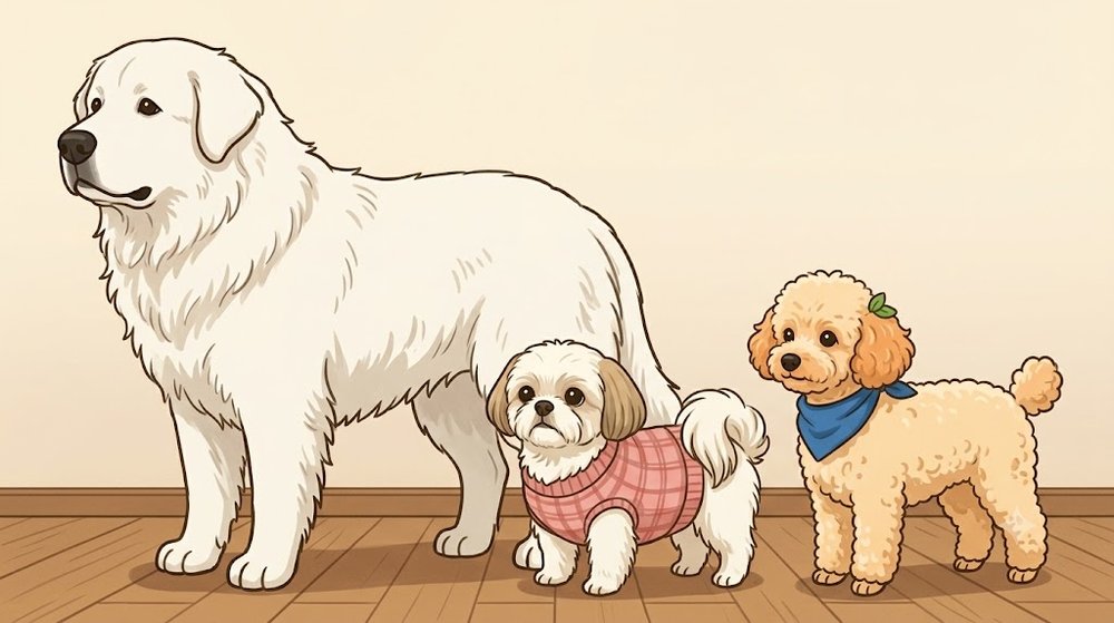 クーバースと、シーズーのあんず、トイプードルのレオを同じ床に並べて大きさを比べたイラスト