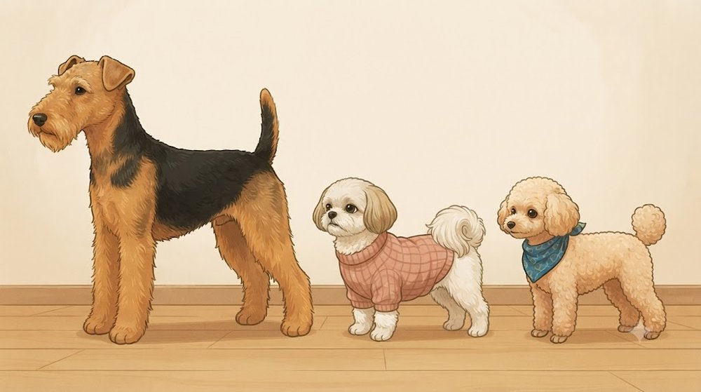 レークランド・テリアと、シーズーのあんず、トイプードルのレオを同じ床に並べて大きさを比べたイラスト