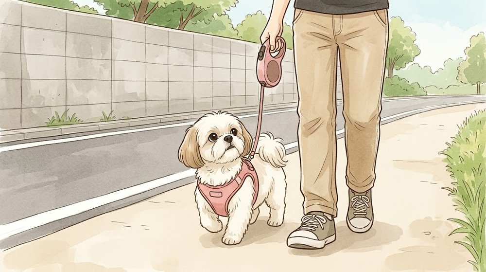 ブロック塀ぞいの歩道で伸縮リードを短く止めて飼い主の横を歩くシーズーのあんずのイラスト