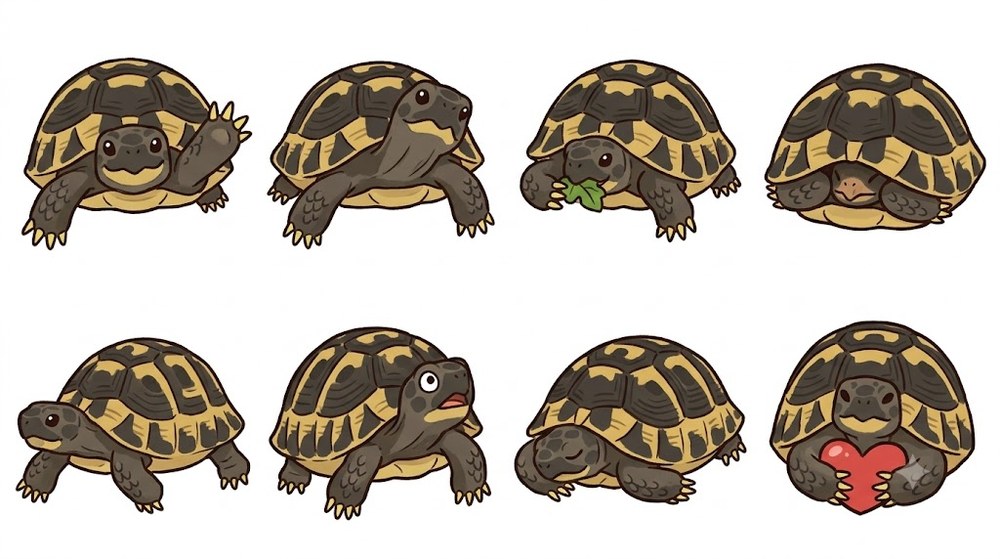 Geminiがヘルマンリクガメ・タル吉の写真から描いた、片手をあげる・草を食べる・ハートを抱えるなど8種類のLINEスタンプ用イラスト