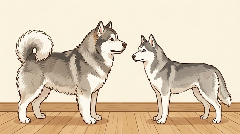 アラスカン・マラミュートとシベリアン・ハスキーを並べて、大きさとしっぽの違いを比べたイラスト