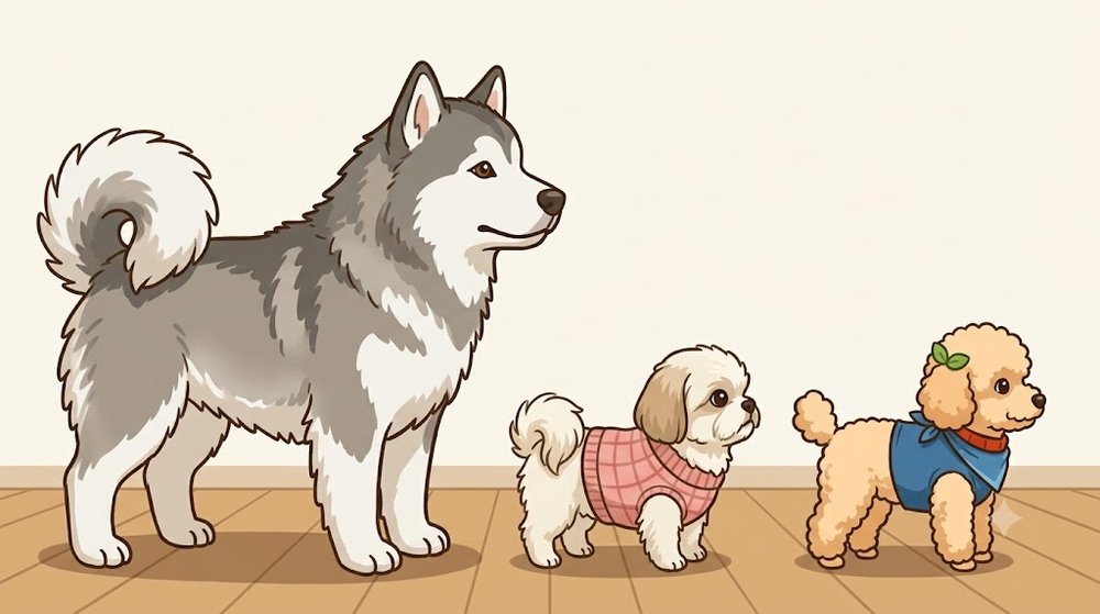 アラスカン・マラミュートと、シーズーのあんず、トイプードルのレオを同じ床に並べて大きさを比べたイラスト