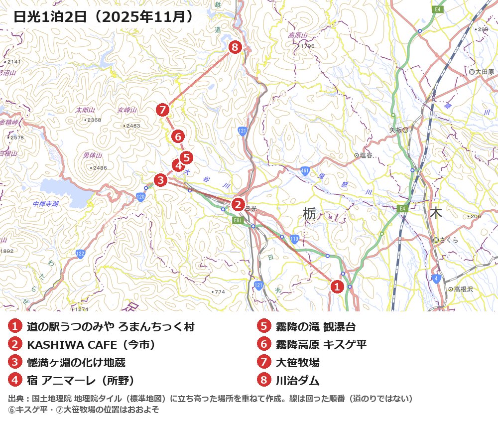 日光を犬連れで1泊2日のモデルコースの地図 ろまんちっく村・化け地蔵・霧降の滝・キスゲ平・大笹牧場・川治ダム