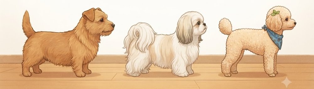 ノーフォーク・テリアと、シーズーのあんず、トイプードルのレオを同じ床に並べて大きさを比べたイラスト